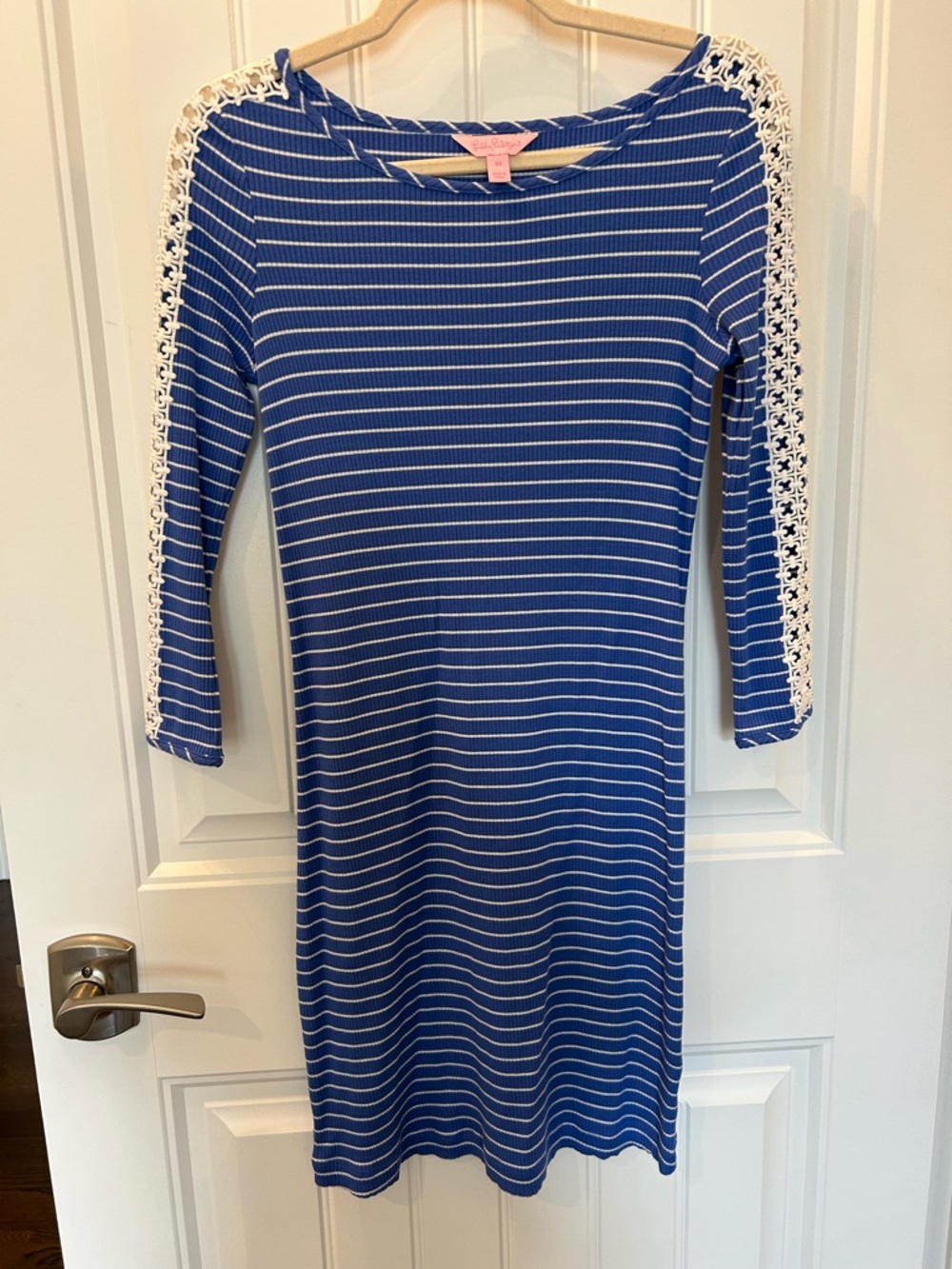 Lilly Pulitzer Royal Blue & White Striped Midi Dress with Lace-Trim Sleeves